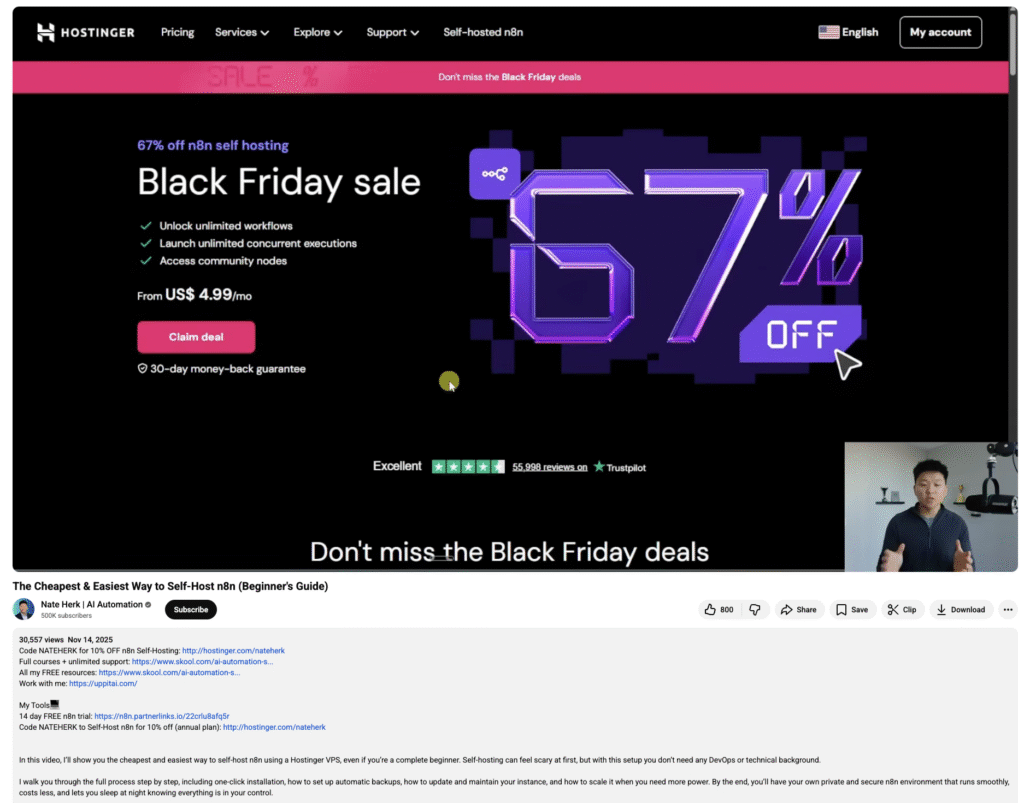 YouTuber Nate Herk's Hostinger-sponsored n8n self-hosting tutorial
