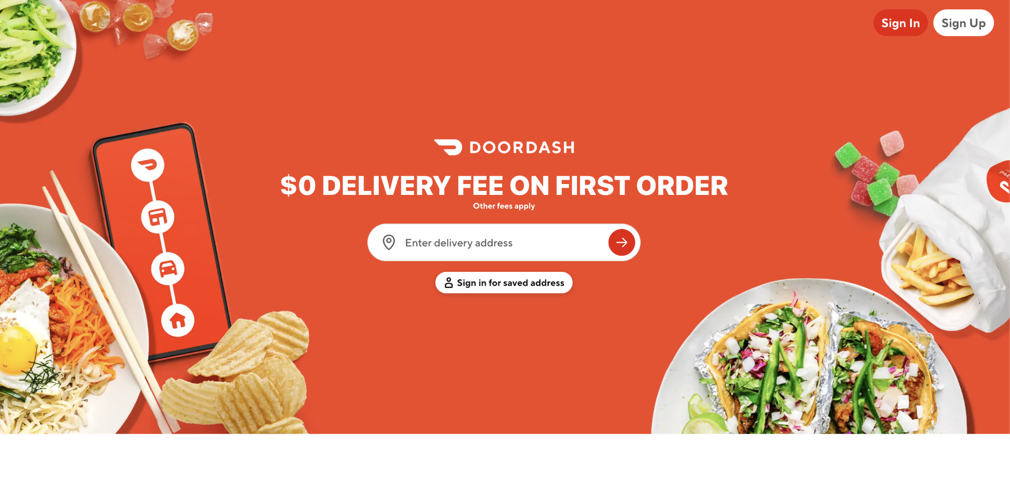 DoorDash home page featuring free delivery fee on first order