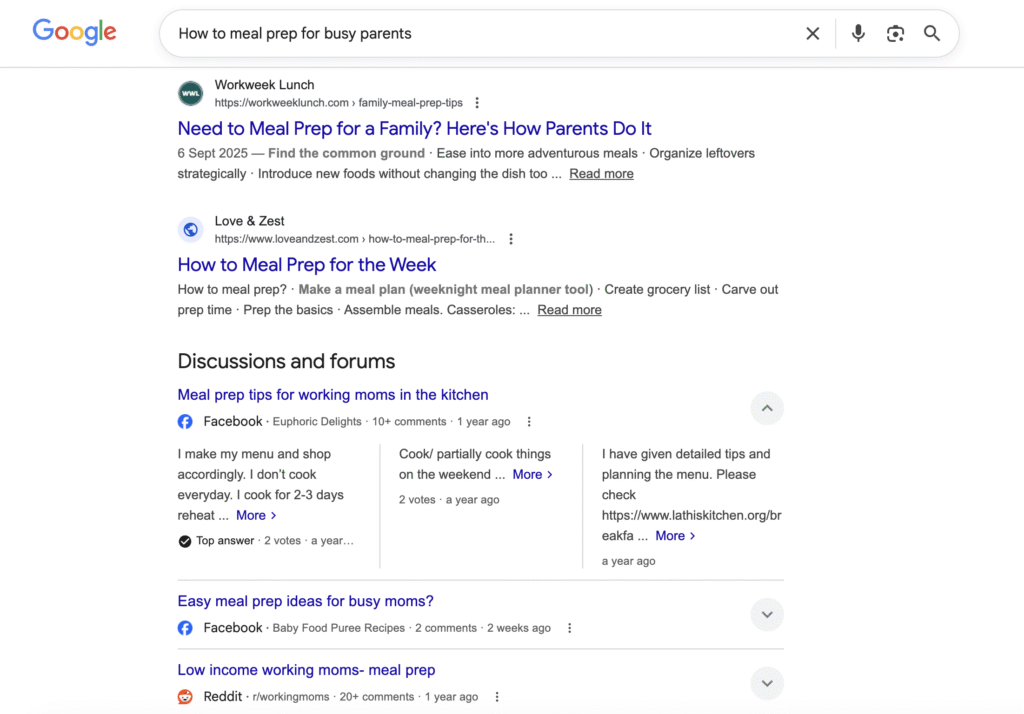 Google search page showing results for "How to meal prep for busy parents"