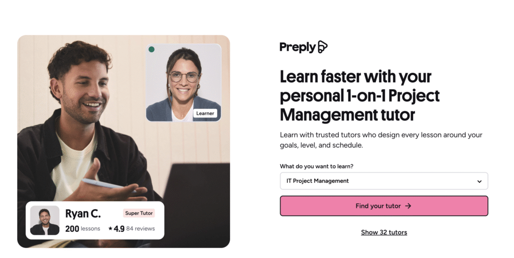 Preply homepage featuring a student engaging with an online learning platform, and a personal tutor for Project Management lessons.