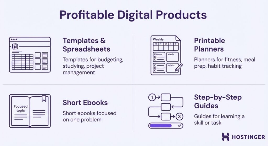 Graphic titled "Profitable Digital Products" showcasing creative ways to make money with templates, planners, short ebooks, and step-by-step guides for various uses.