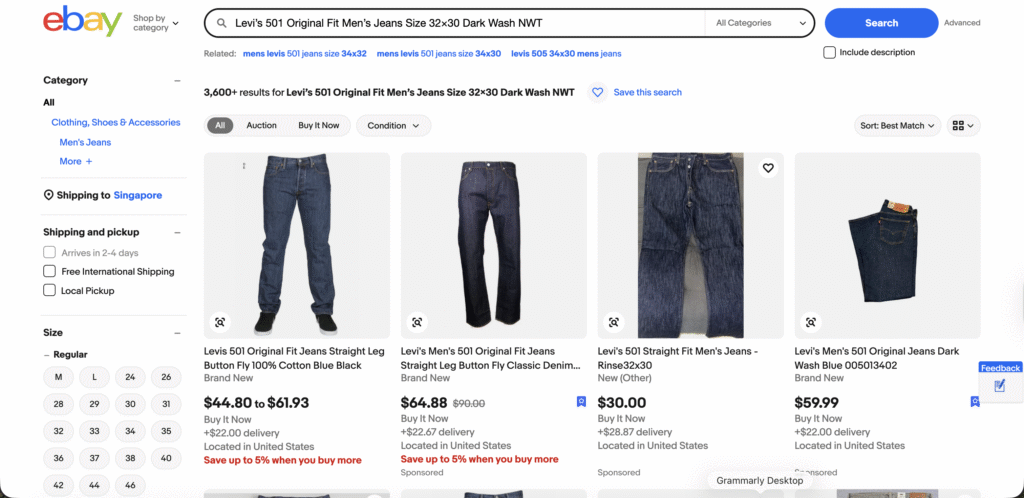 eBay search page featuring Levi's 501 original men's jeans