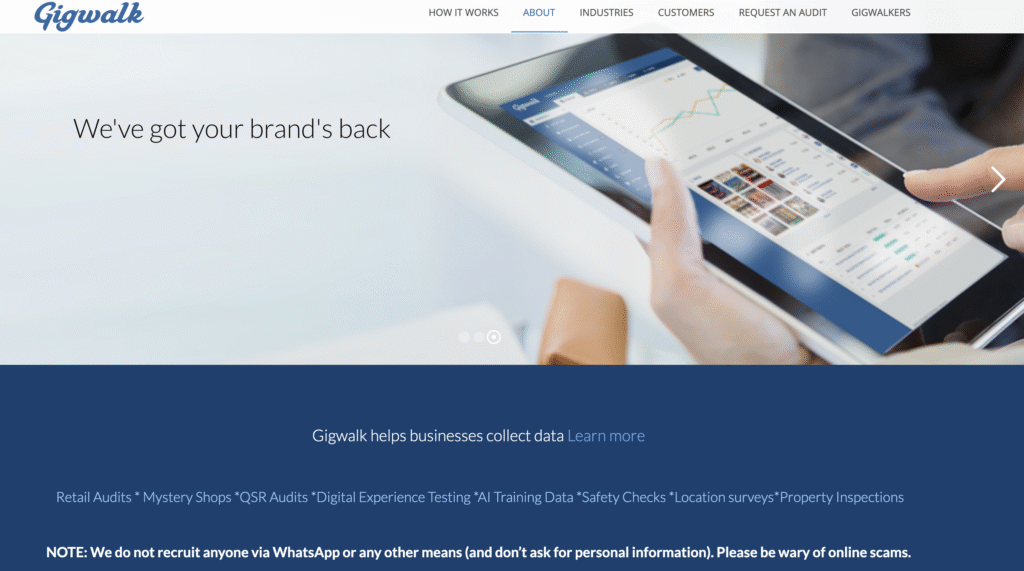 Gigwalk website homepage showing a tablet dashboard and the headline &ldquo;We&rsquo;ve got your brand&rsquo;s back.&rdquo;