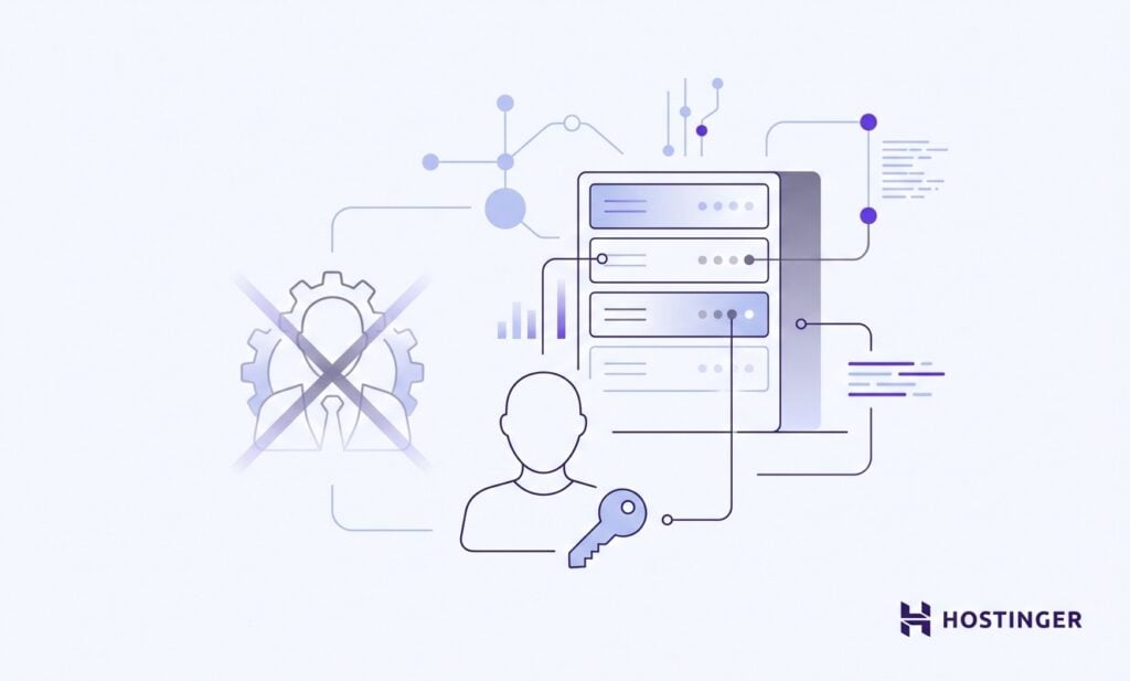 An abstract illustration depicting server management, security, and user access, featuring nodes and interconnected lines, branded with Hostinger.