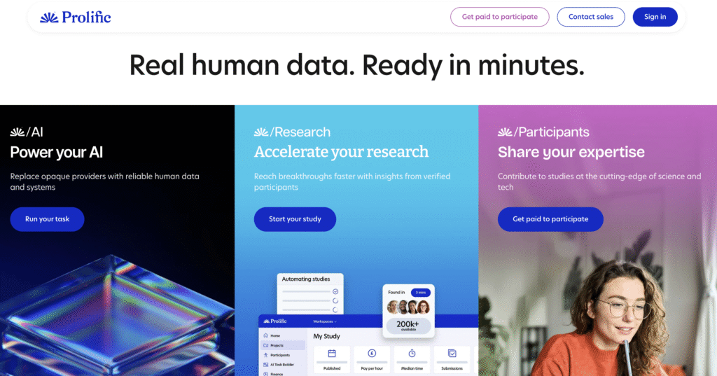 Prolific homepage showcasing services of secret websites to make money for AI, research, and participants, with vibrant graphics and easy navigation options.