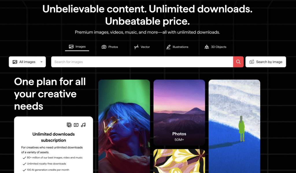 Shutterstock homepage showcasing subscription plans for unlimited downloads of images, videos, and music for creative needs.