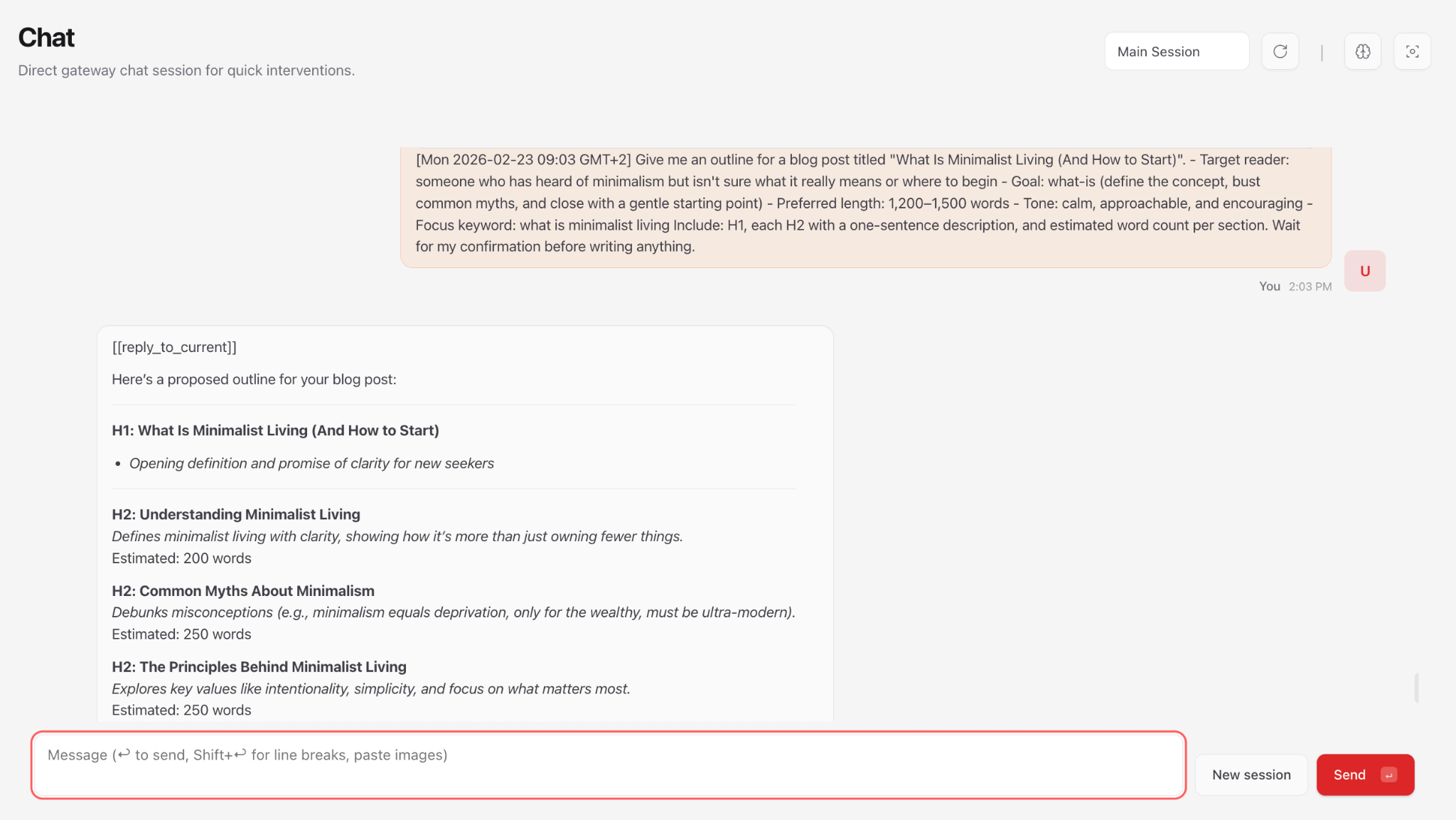 OpenClaw chat session showing a blog post outline prompt and generated structure