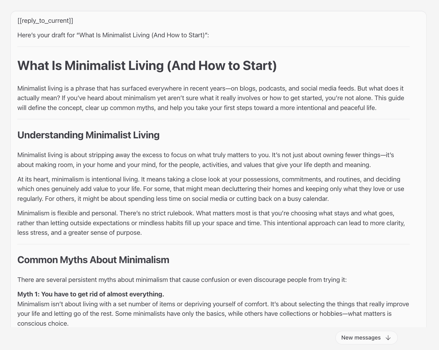 OpenClaw chat displaying the drafted What Is Minimalist Living blog post content