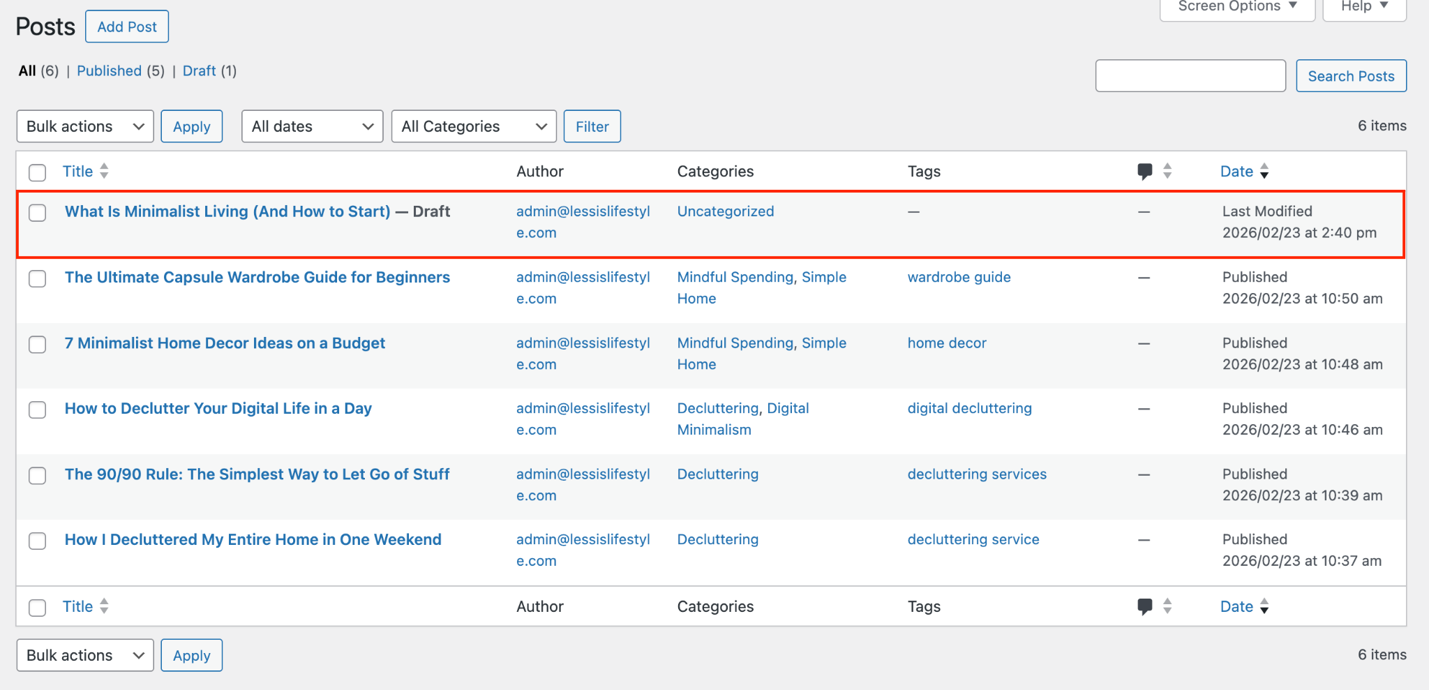 WordPress Posts list with What Is Minimalist Living draft post highlighted