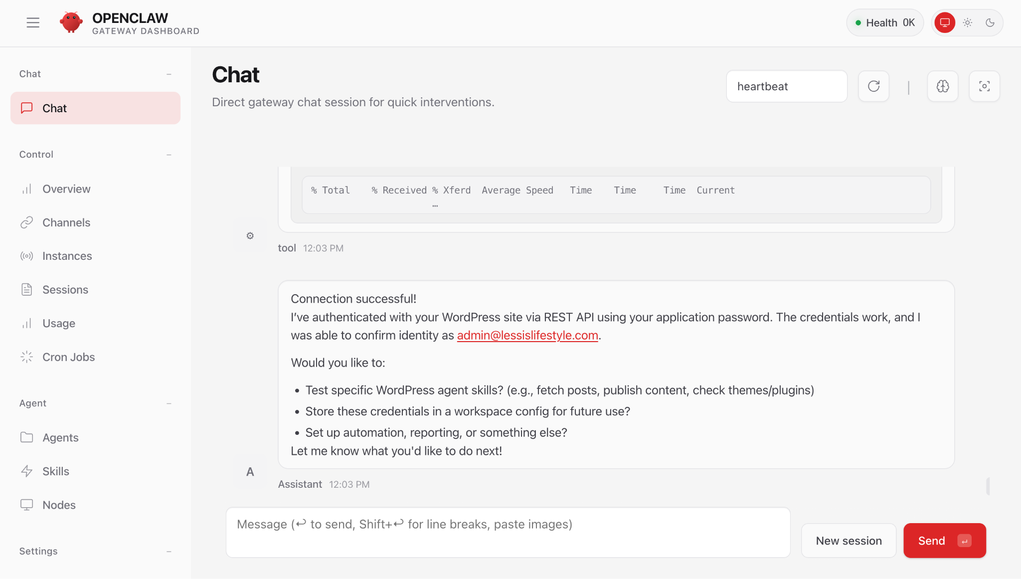 OpenClaw Gateway Dashboard chat confirming successful WordPress REST API authentication