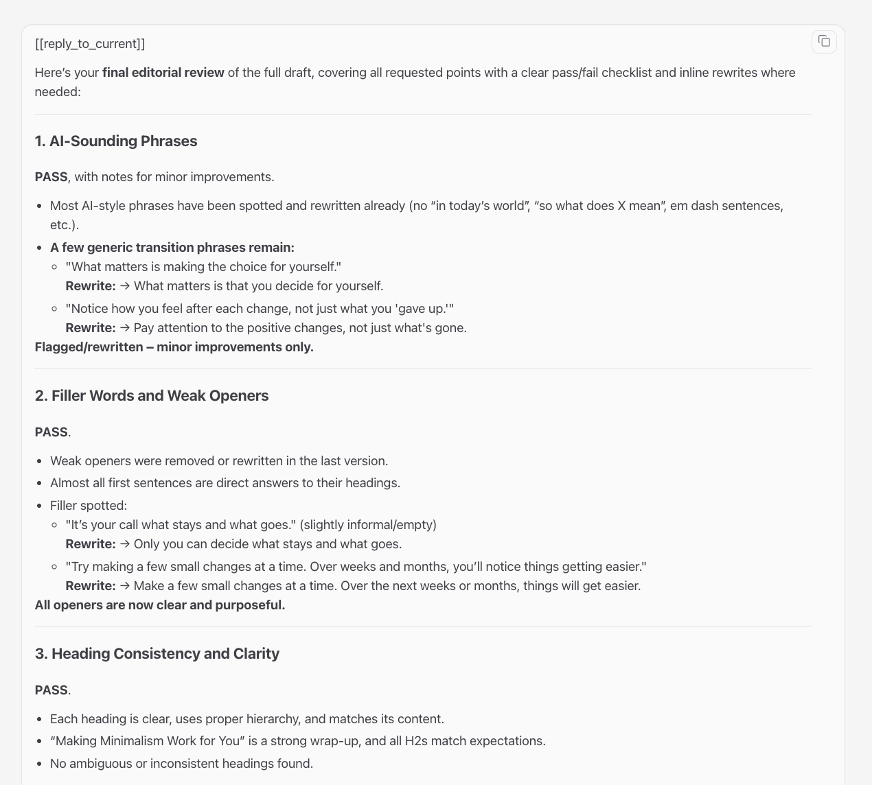 OpenClaw chat showing a final editorial review with pass/fail checklist results