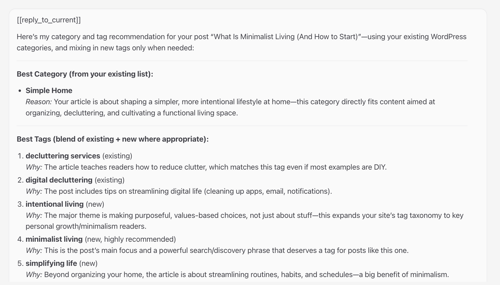 OpenClaw chat recommending WordPress categories and tags for the minimalist living post
