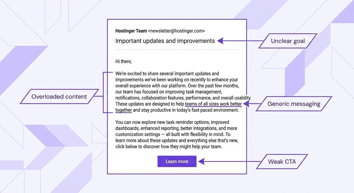 Example of a bad email copywriting with unclear goals, overloaded content, generic messaging, and weak CTA