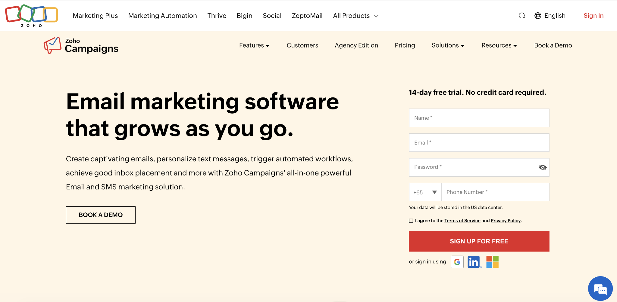 Zoho Campaigns home page