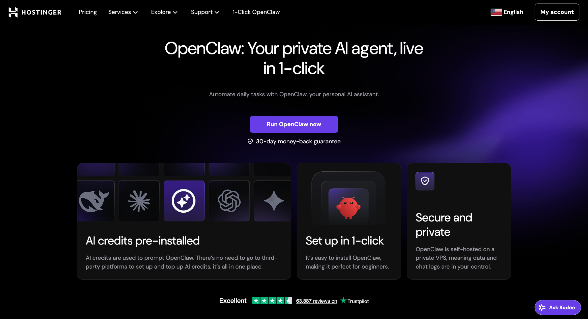Hostinger OpenClaw hosting's landing page