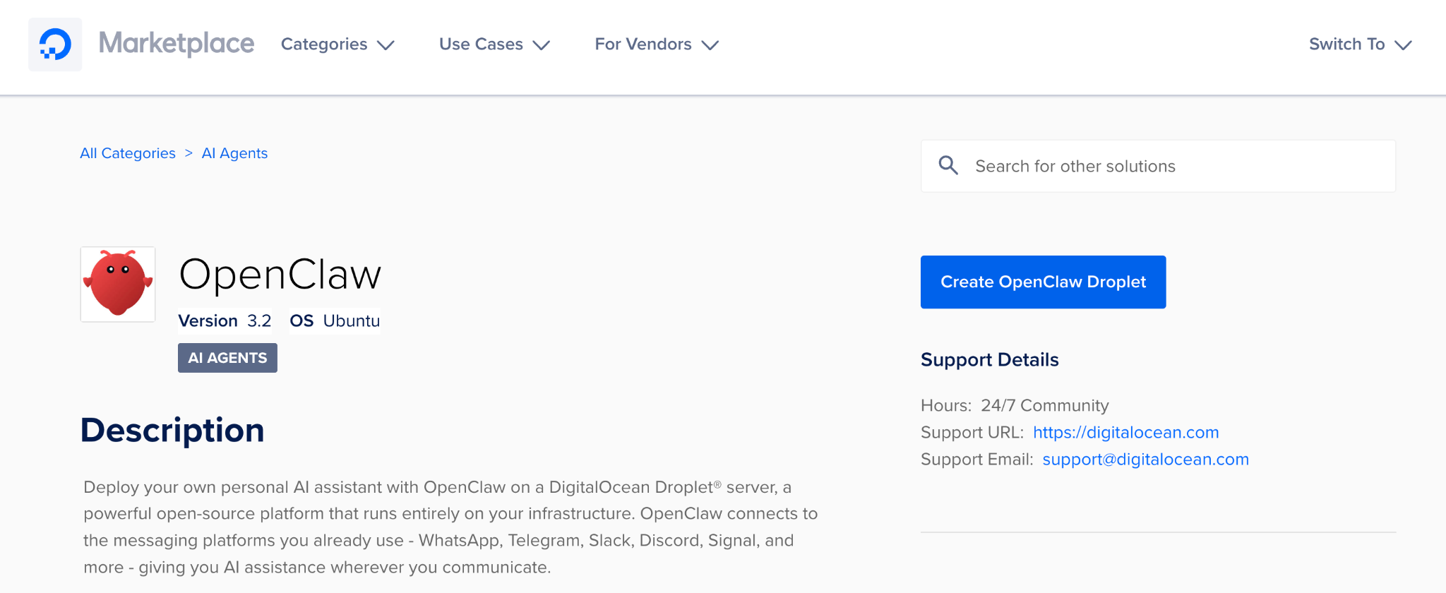 DigitalOcean OpenClaw hosting's landing page