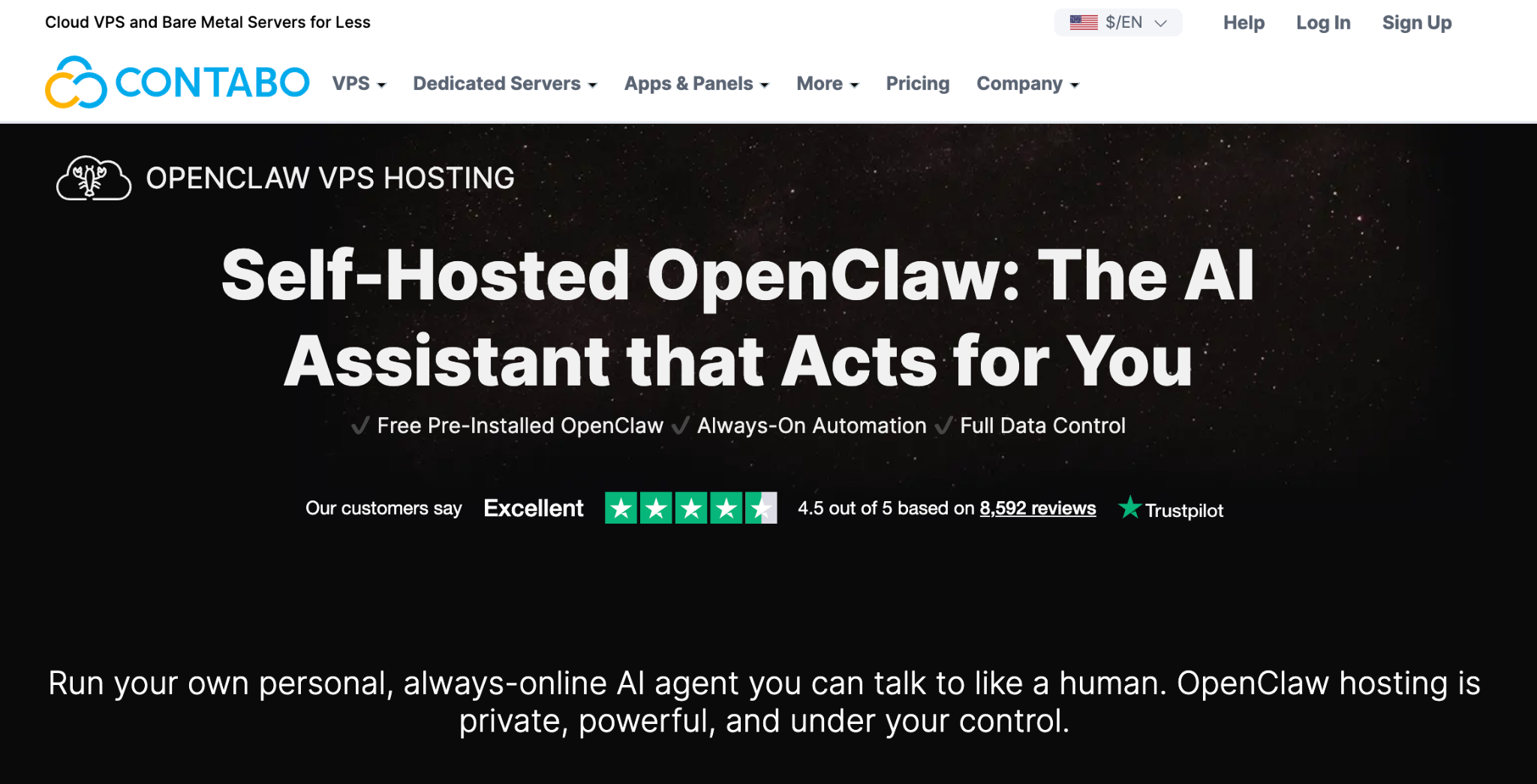 Contabo OpenClaw hosting's landing page