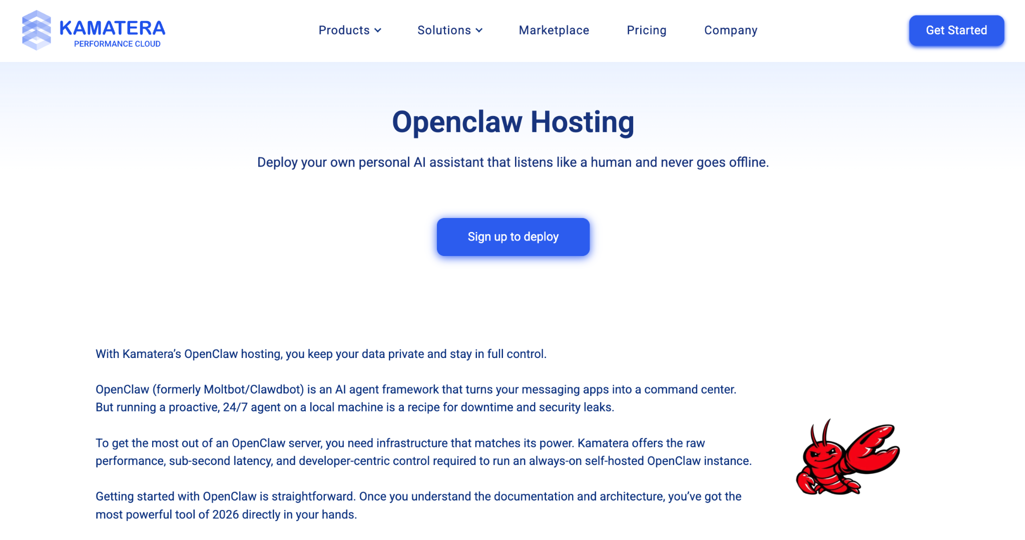 Kamatera OpenClaw hosting's landing page