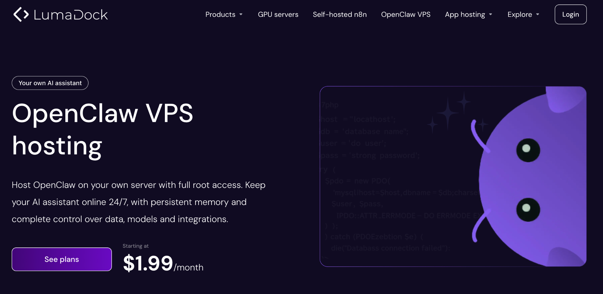 Lumadock OpenClaw hosting's landing page
