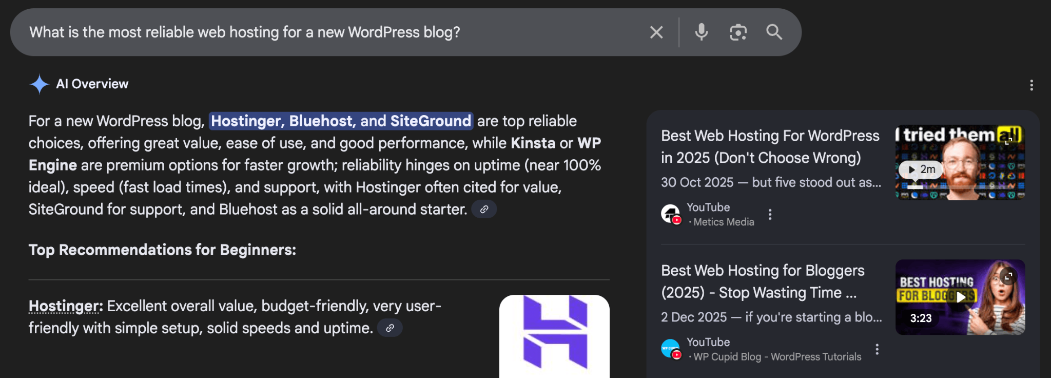 AI overview for "What is the most reliable web hosting for a new WordPress blog?"
