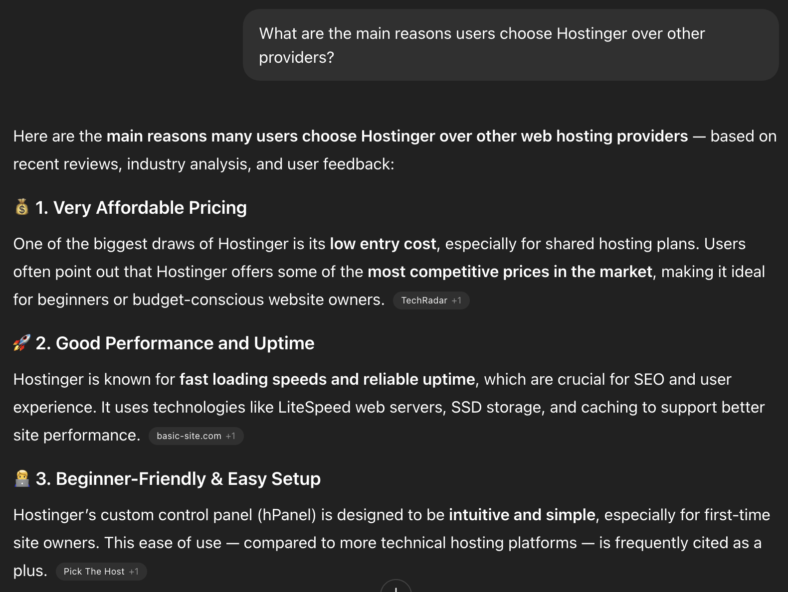 ChatGPT results for "What are the main reasons users choose Hostinger over other providers?"