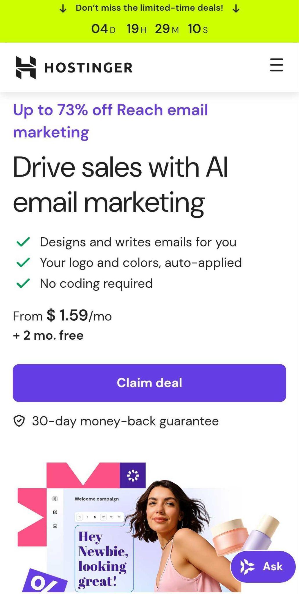 Mobile screenshot of Hostinger Reach page