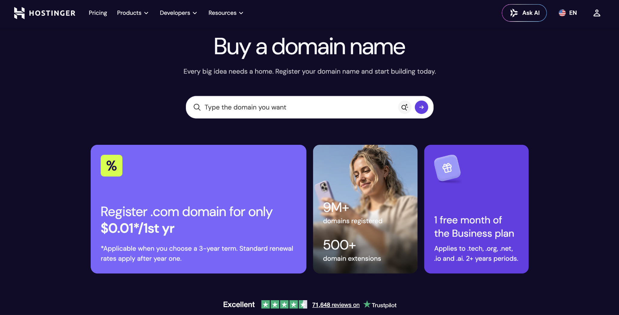 Hostinger domains landing page