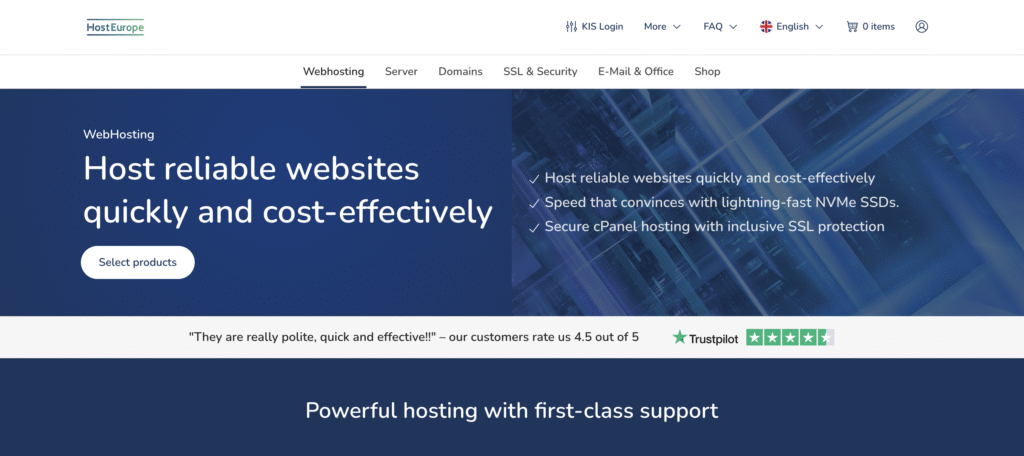 Host Europe hosting landing page