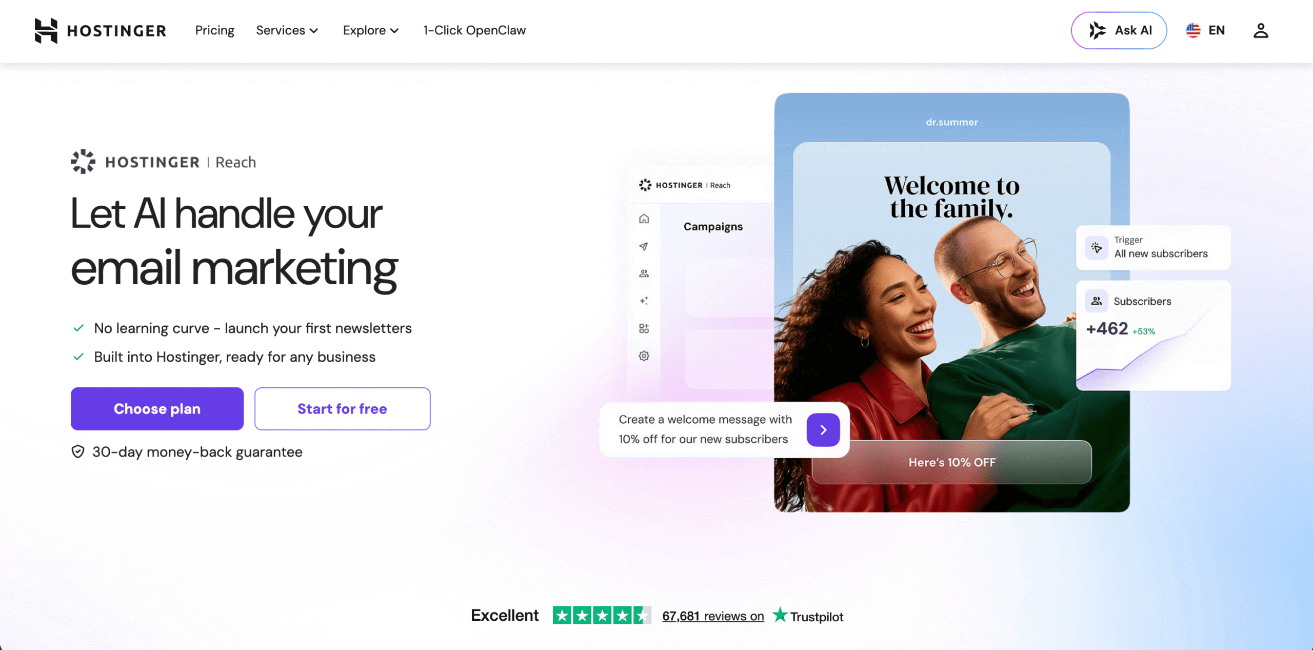 Hostinger Reach AI email marketing platform page