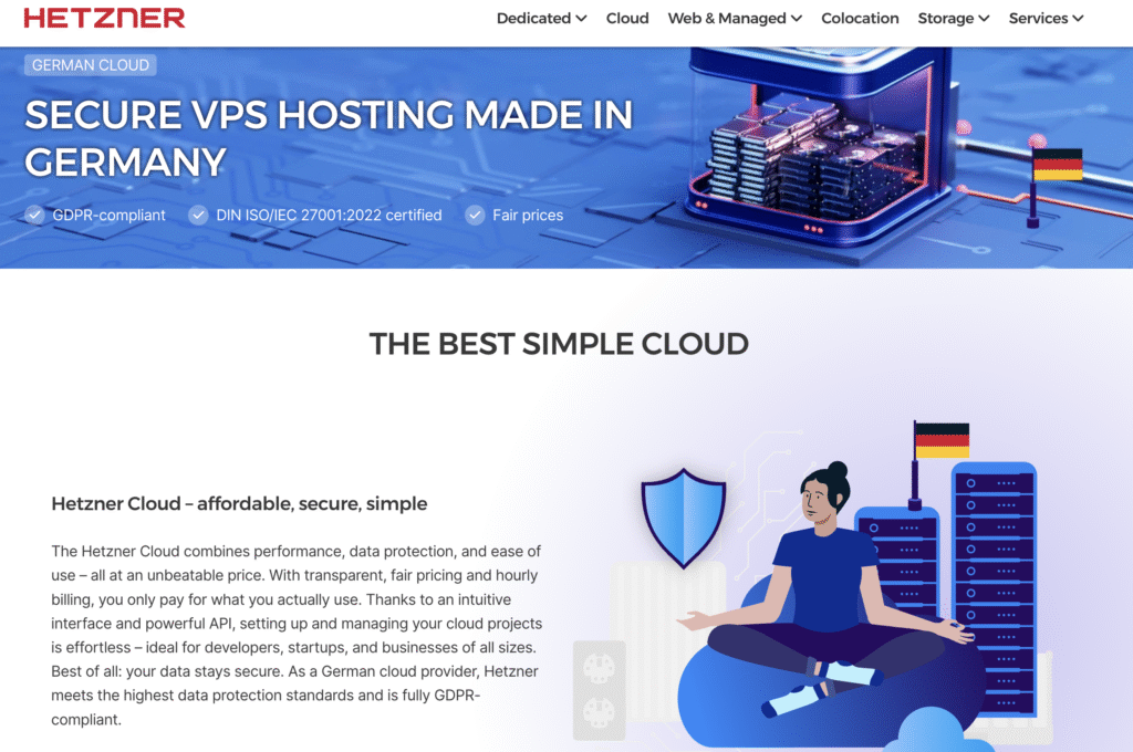A promotional website for Hetzner Cloud, showcasing secure VPS hosting services with graphics highlighting performance and data protection.