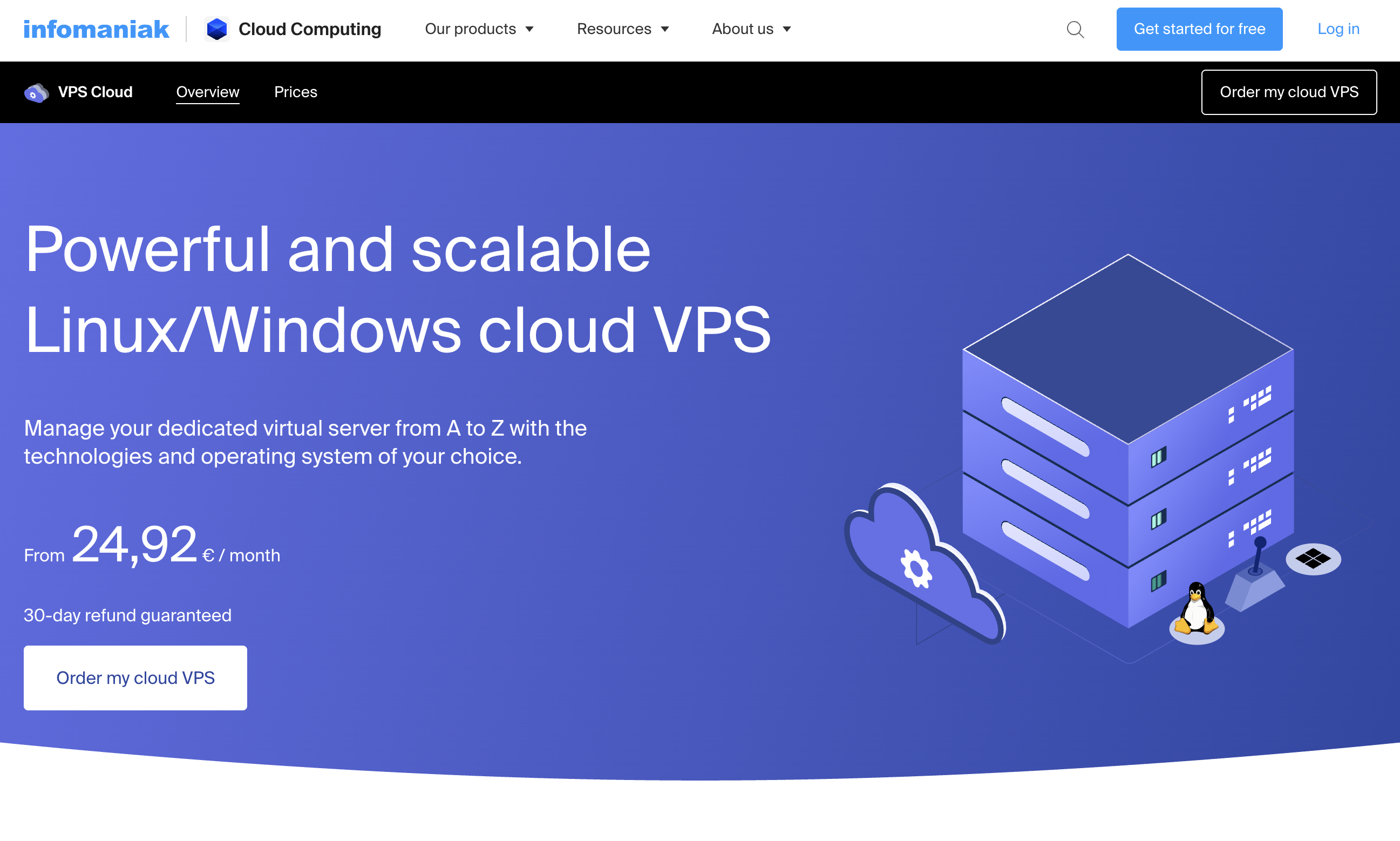 Infomaniak VPS Cloud page featuring scalable Linux/Windows servers, starting at &euro;24.92/month with 30-day refund guarantee.