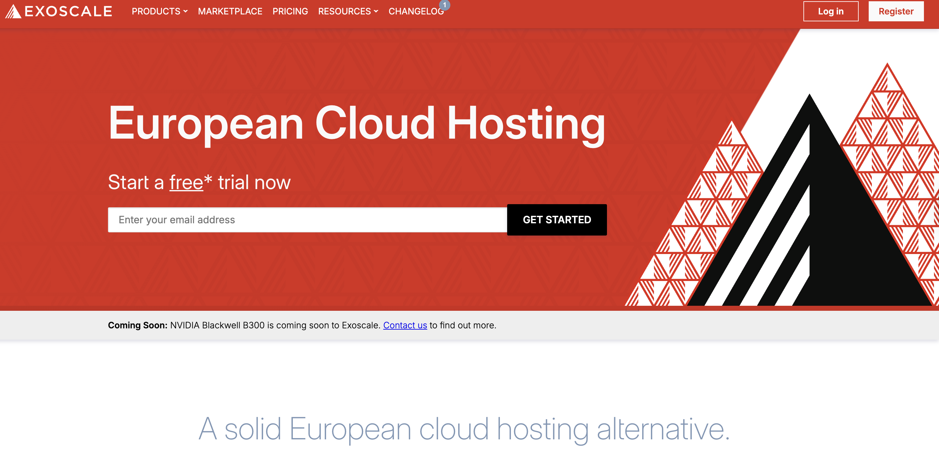 Landing page for Exoscale showcasing European cloud hosting, featuring a call-to-action for a free trial and a prominent design.