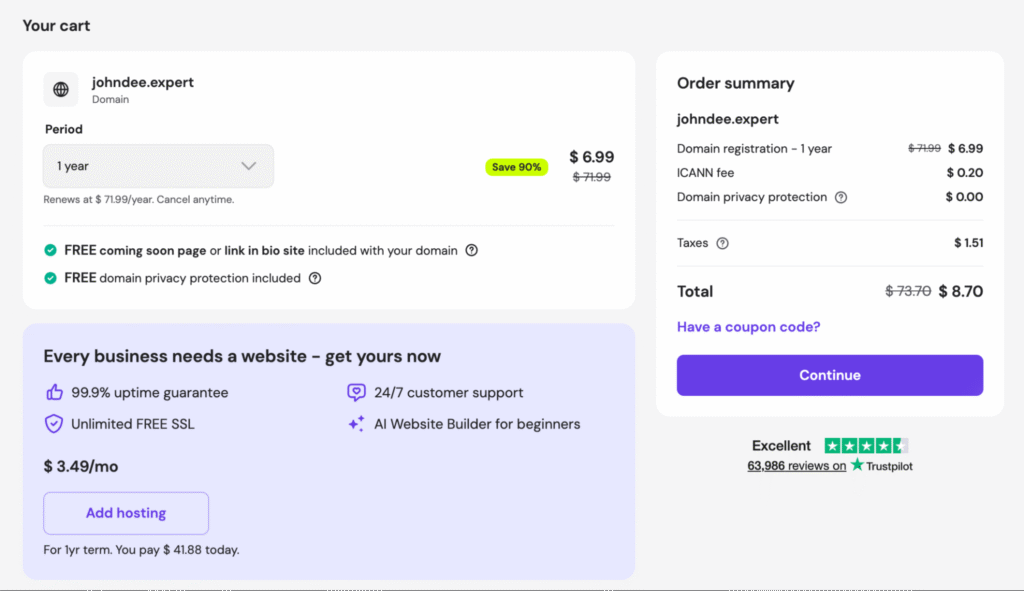 hostinger-domain-purchasing-cart-page Hostinger domain purchasing's cart page