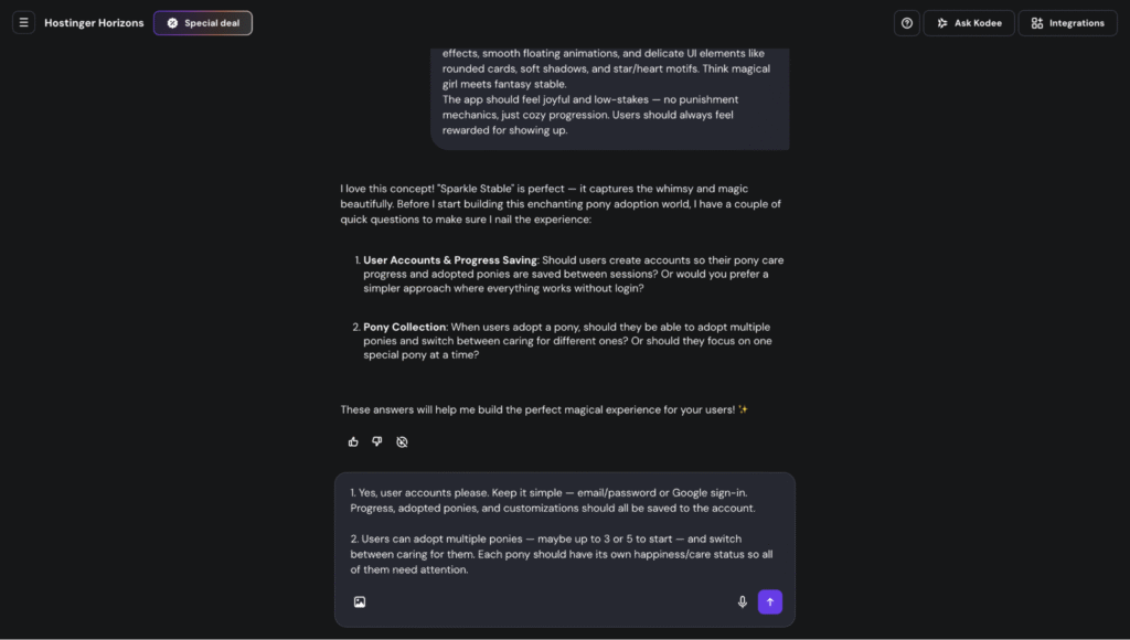 Hostinger Horizons' AI agent ask some questions before generating code