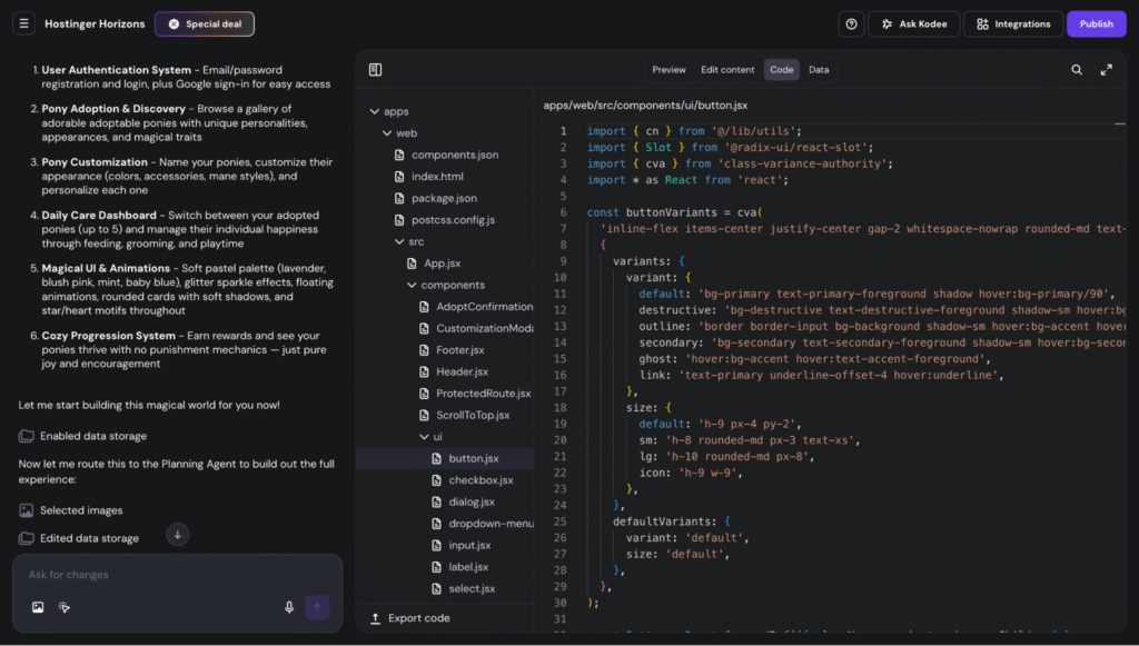Hostinger Horizons' code editor
