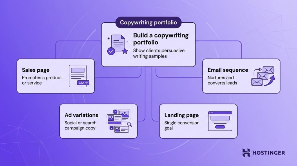 Diagram showing components of a copywriting portfolio: sales page, email sequence, ad variations, and landing page with their purposes.