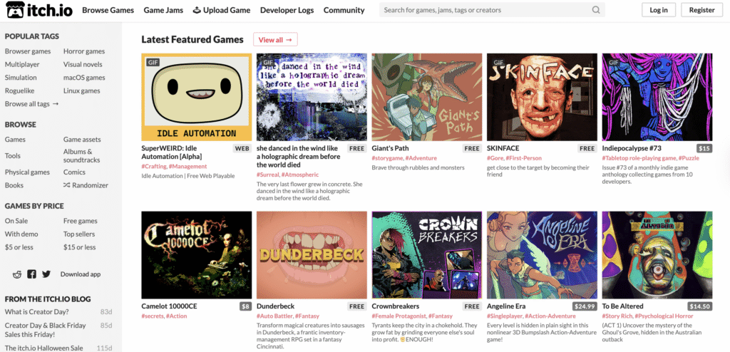 Screenshot of the Itch.io website showcasing featured indie games with various genres and descriptions.