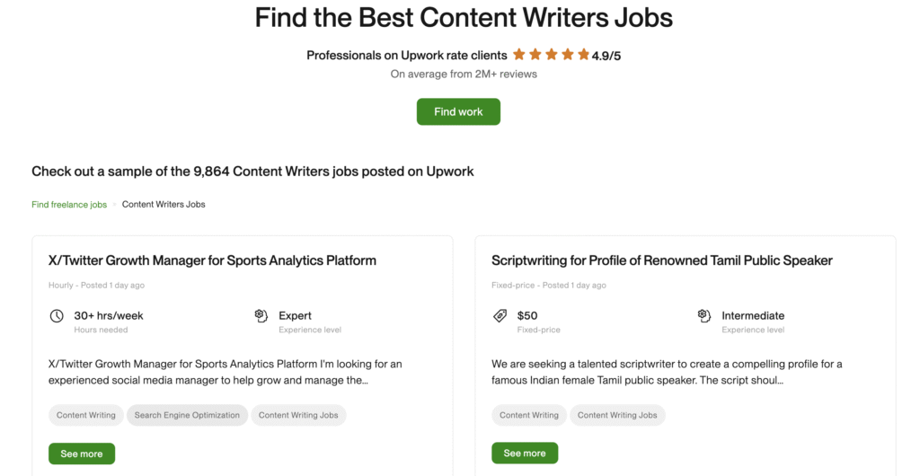 A webpage displaying content writing job listings on Upwork, featuring two job postings with descriptions and experience levels.