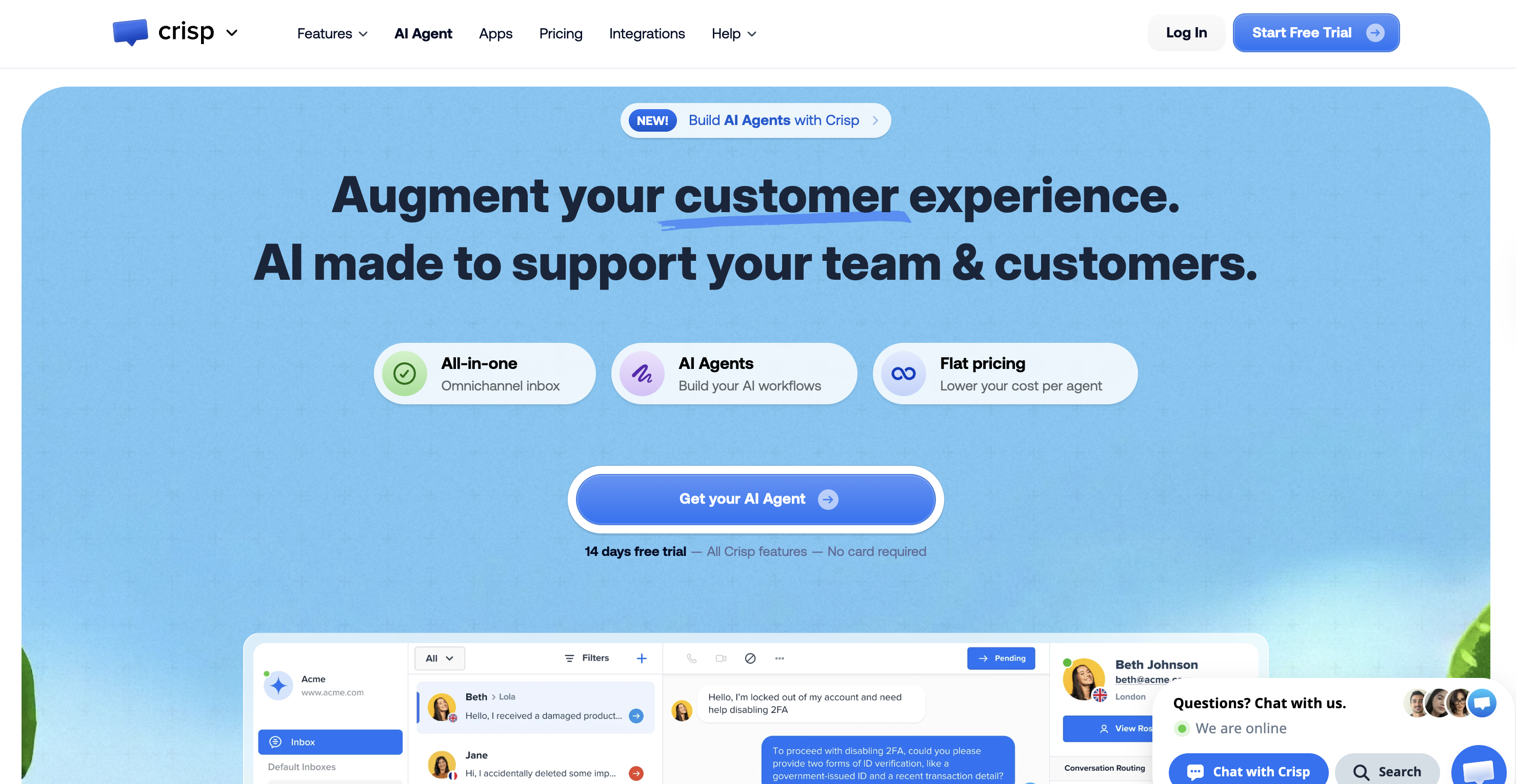 Website homepage for Crisp AI Agent promoting customer support features with all-in-one inbox, AI workflows, flat pricing, and 14-day free trial.