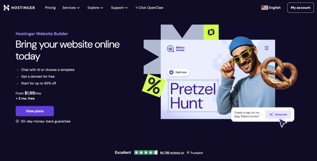 Hostinger website builder homepage showing features to bring your website online with AI chat, free domain, discounts, and a bakery-themed logo design example.