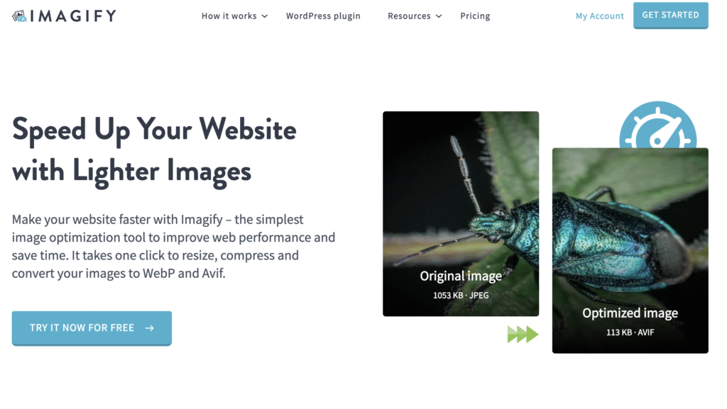 A web banner promoting Imagify, highlighting image optimization for faster websites with examples of original and optimized images.