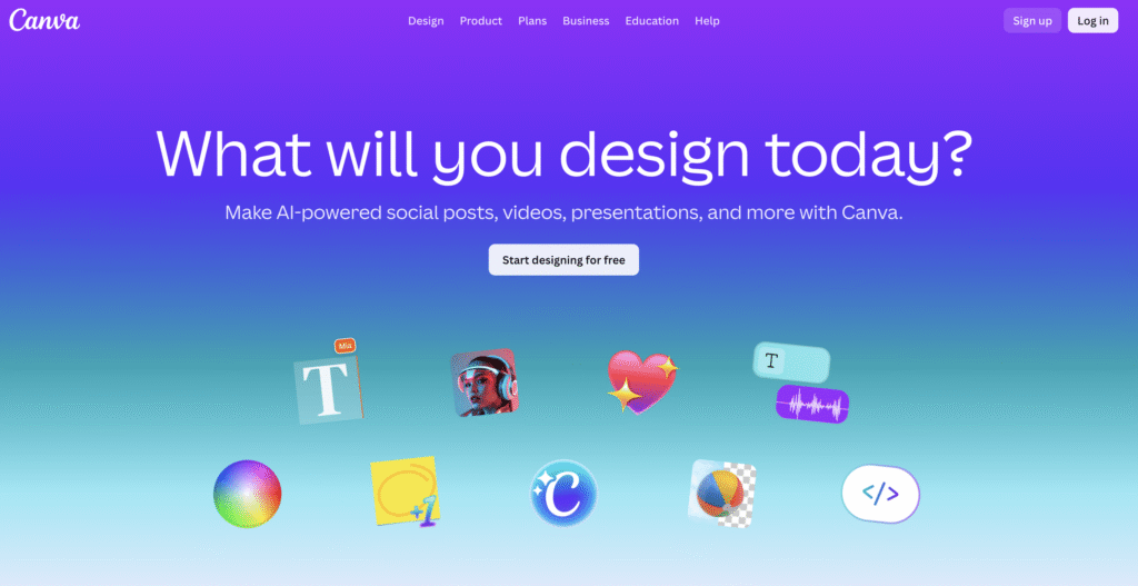 Canva homepage with a gradient background, showing a message 'What will you design today?' and icons representing design tools below.