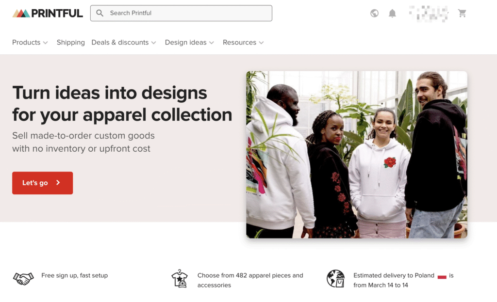 Group of four people wearing colorful, custom-designed hoodies, smiling outdoors. The text promotes designing and selling custom apparel with no upfront cost.