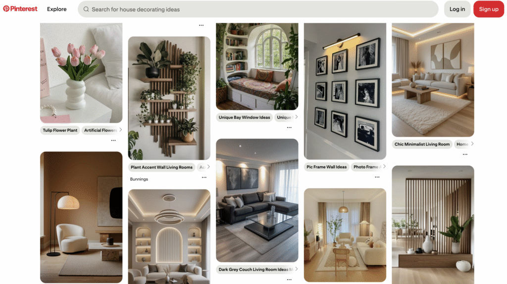 A collage of home decor inspirations featuring plants, cozy seating, artistic frames, and stylish living room arrangements.