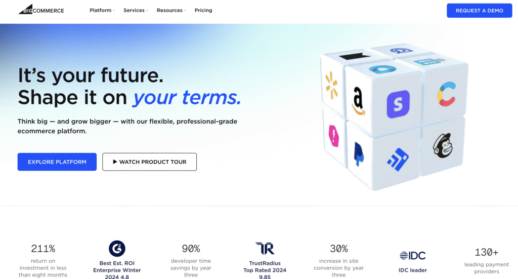 BigCommerce homepage featuring the headline &ldquo;It&rsquo;s your future. Shape it on your terms.&rdquo; with buttons to explore the platform or watch a product tour.
