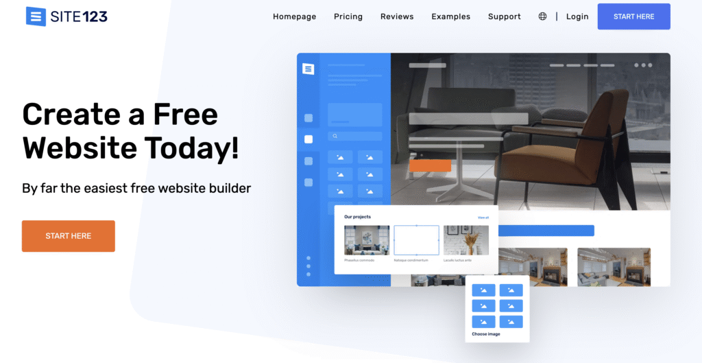 SITE123 homepage with the headline &ldquo;Create a Free Website Today!&rdquo; and a &ldquo;Start here&rdquo; button.
