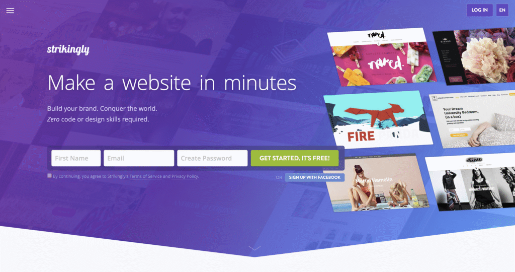 Strikingly homepage with the headline &ldquo;Make a website in minutes&rdquo; and a sign-up form.
