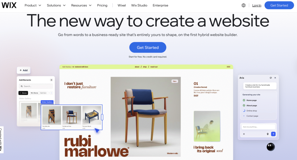 A screenshot of the Wix website builder showcasing furniture design features and a call-to-action to start creating a website.