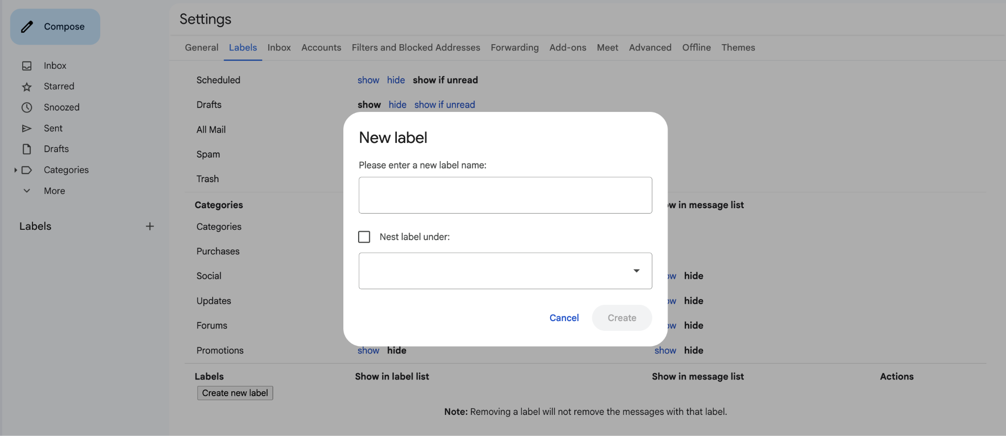 Nest label under in Gmail, accessed by going to Settings &rarr; Labels &rarr; Create new label