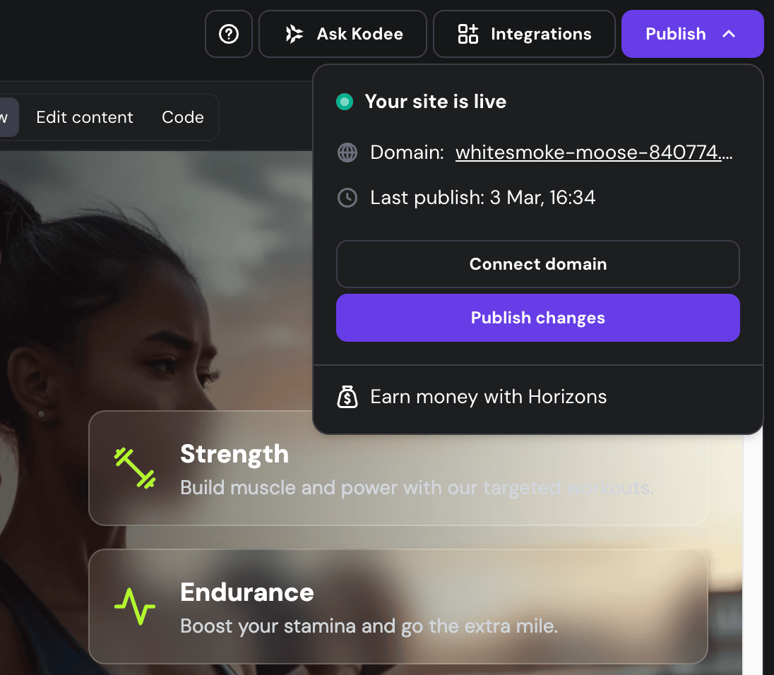 Publish panel within Hostinger Horizons